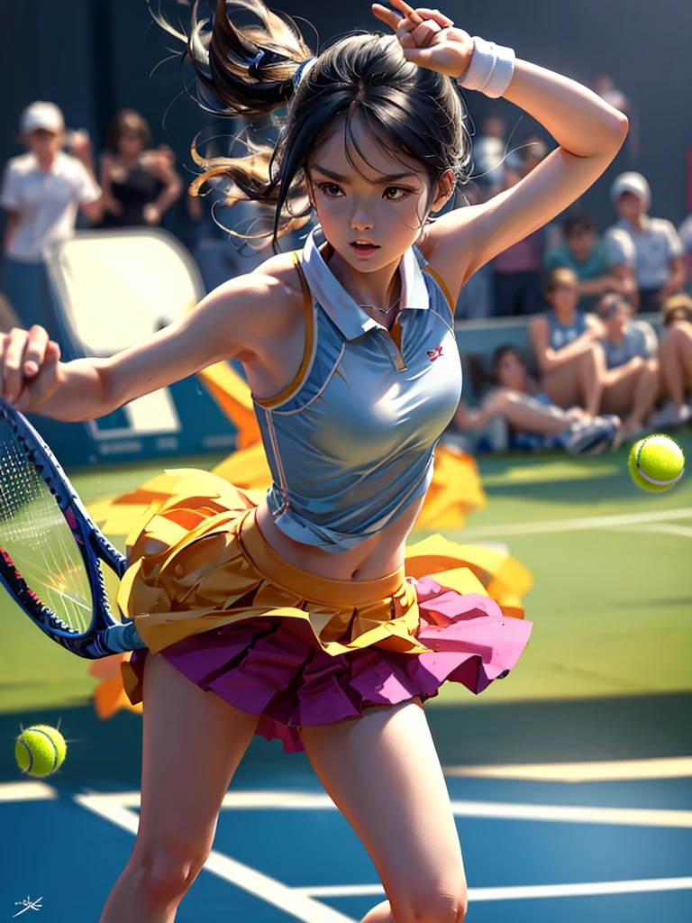 masterpiece, high-quality, a young woman, playing tennis, wearing tennis wear, throwing the ball up to serve, perfect face, perfect hands