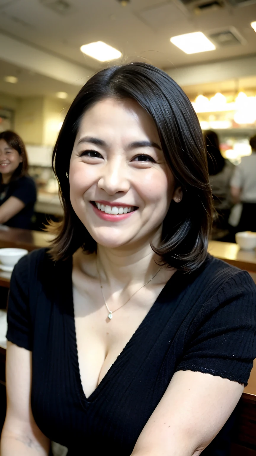 8k wallpaper, masterpiece, Highest quality, Super detailed, One Mature Woman, 50 years old, Become very clear, Wearing a short-sleeved knit, Skin dents, Captivating smile, Looking at the audience, Cleavage, plump, Curvaceous, Fascinating face, Smiling with teeth showing, I was happy, Sitting in a cafe, Background Blur