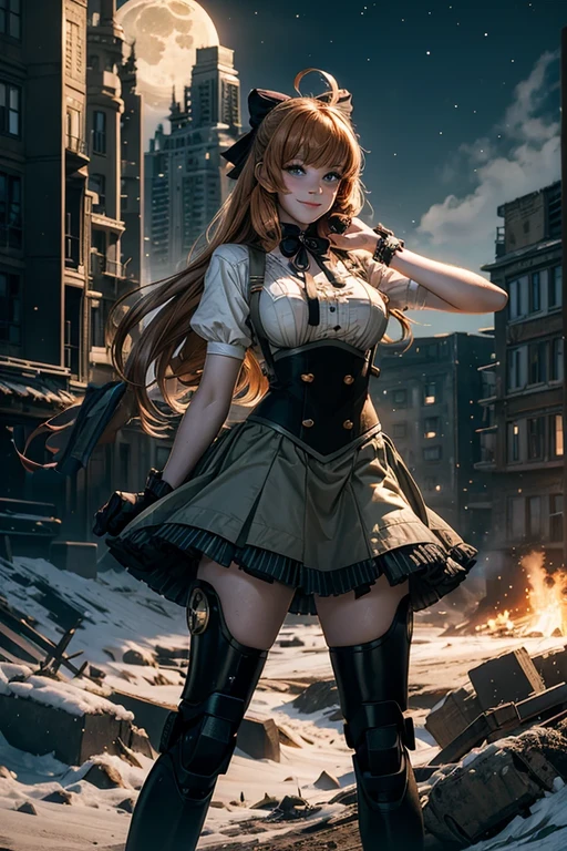cowboy shot, (dynamic pose), smile,  underbust, Penny Polendina, long hair, neck ribbon, suspender skirt, corset, black bow, white blouse, mechanical legs, neon trim, ((walking with people in city ruins on hill, overlooking valley)), BREAK night, stars, moon, snow, BREAK mountains in background, waterfall, vehicle wreck, ((people in military uniform)), bonfires, post-apocalypse, dystopian future, (volumetric lighting), intricate details, tonemapping, sharp focus, hyper detailed

