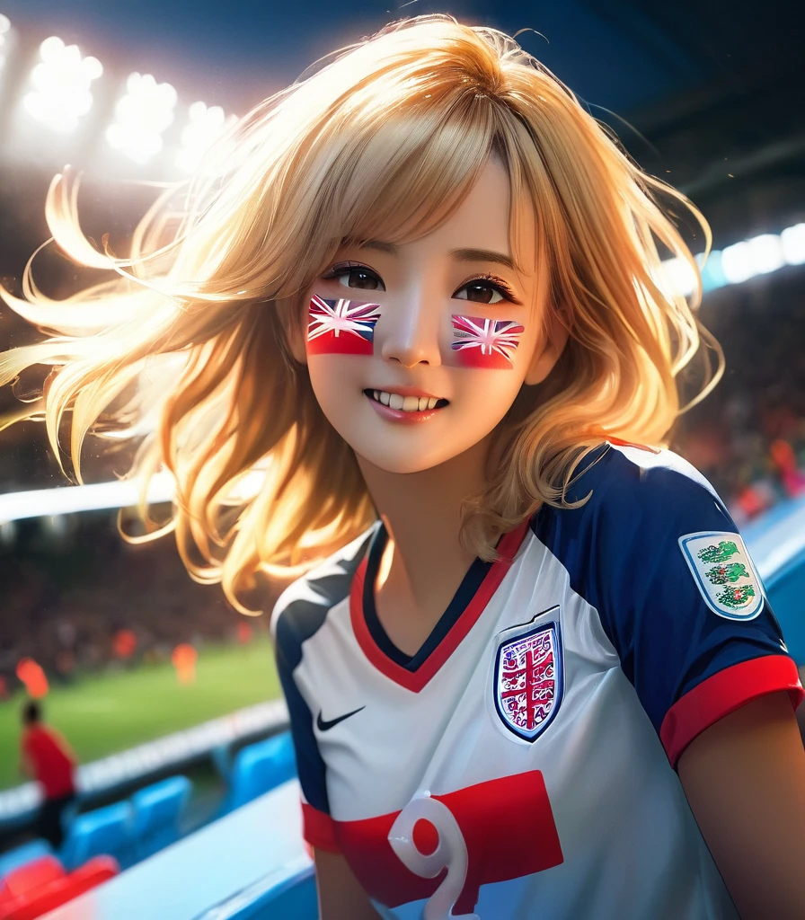 original full-length shot photo with neon light and unique painting, British flag painting colors on the face, a cute blonde young hardcore soccer fans wearing England soccer jersey and standing in stadium bleacher, celebrating a goal by Harry Kane, floating hair, natural face, dark lighting, supporters atmosphere, prism lens flare effect, motion blur, sporting angle shot style, Ultra highly detailed, realistic skin, film looks