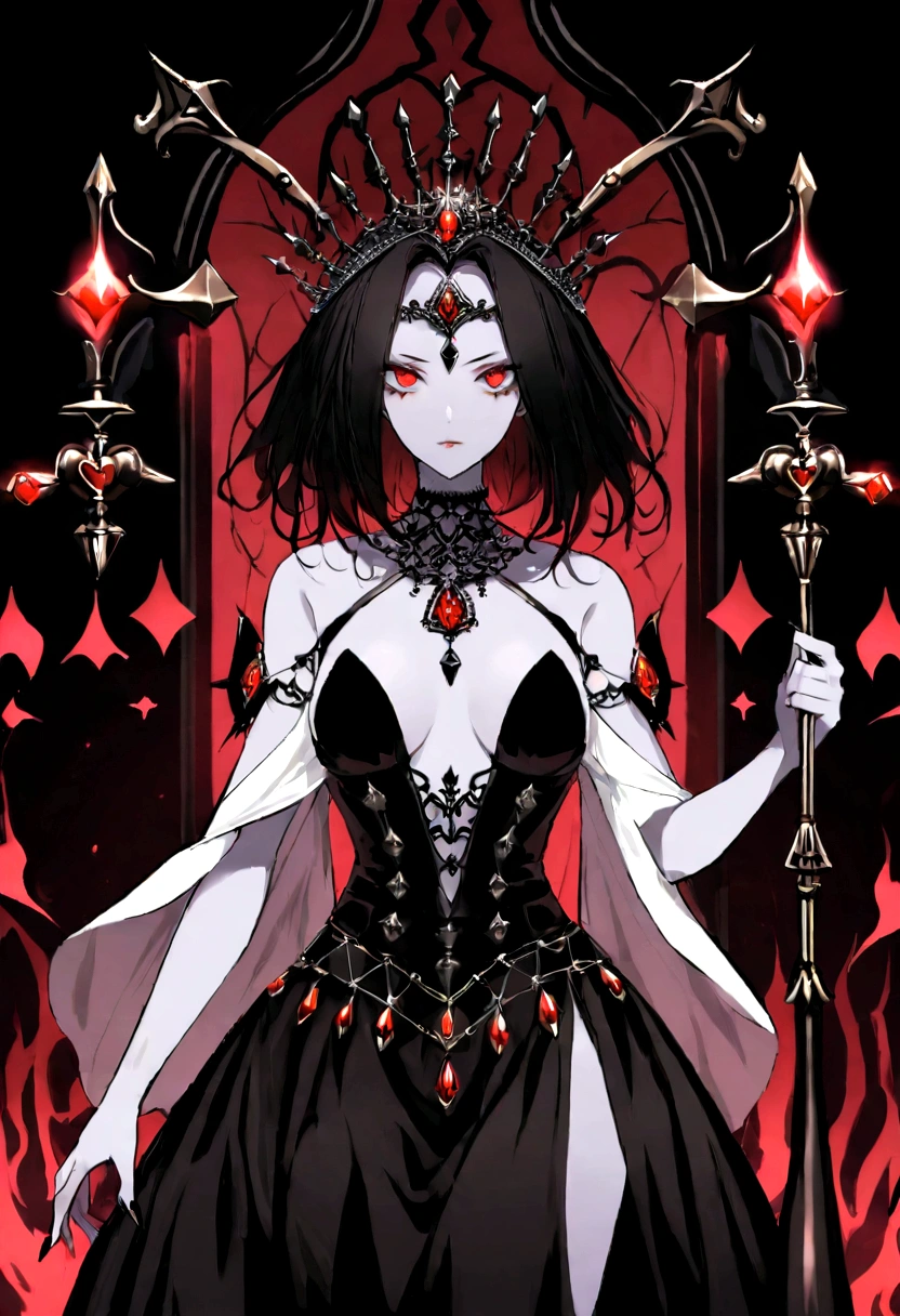 Queen of spades pattern design,poker,Draw an image of an aristocratic woman, Alabaster skin and red eyes exude a brutal aura., She wears a sinister tiara studded with dark jewels.,Wearing a sexy dress, She holds a scepter decorated with evil symbols, Aura of Malicious Royalty