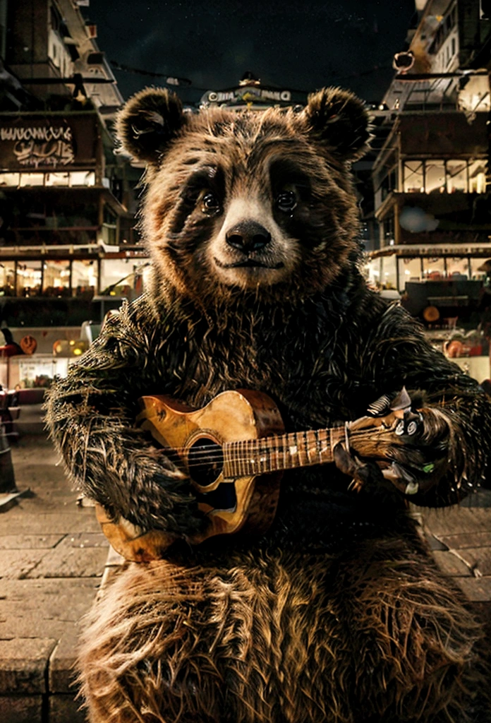 best qualityer, high resolution),ultra detali, cinematic lighting, a panda playing a guitar, in the background a city with large buildings, urban landscape