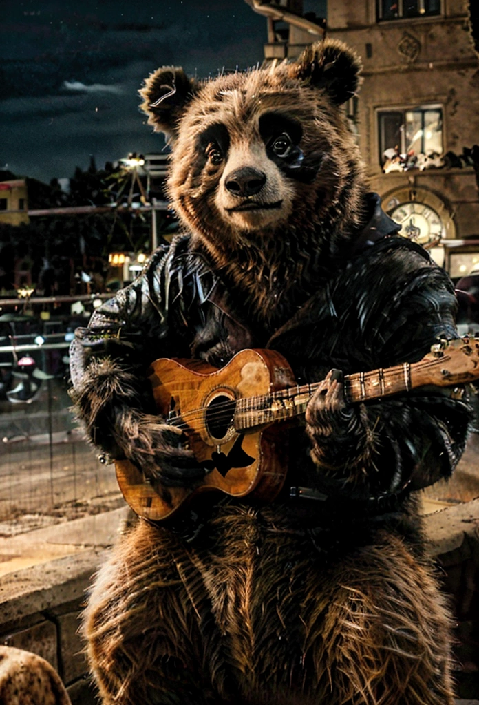 best qualityer, high resolution),ultra detali, cinematic lighting, a panda playing a guitar, in the background a city with large buildings, urban landscape