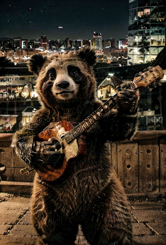 best qualityer, high resolution),ultra detali, cinematic lighting, a panda playing a guitar, in the background a city with large buildings, urban landscape