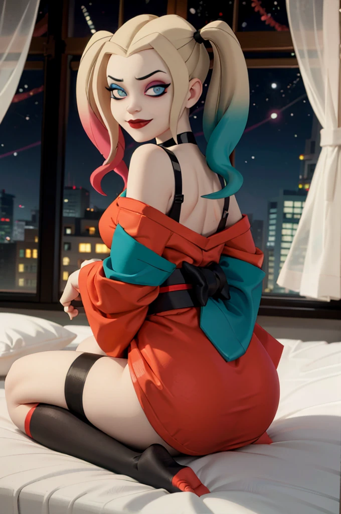 harleyquinn, blue eyes, eye shadow, blonde hair, twin tails, multicolored hair, traditional kimono, sash, wide sleeves, off shoulder, looking at viewer, serious, smirk, sitting, on bed, from_behind, inside cozy bedroom, window, night time, high quality, masterpiece, 