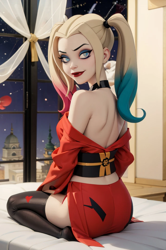 harleyquinn, blue eyes, eye shadow, blonde hair, twin tails, multicolored hair, traditional kimono, sash, wide sleeves, off shoulder, looking at viewer, serious, smirk, sitting, on bed, from_behind, inside cozy bedroom, window, night time, high quality, masterpiece, 