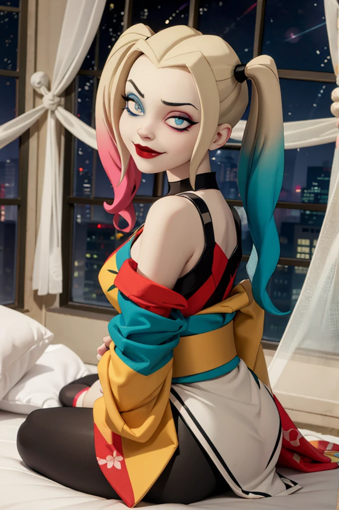 harleyquinn, blue eyes, eye shadow, blonde hair, twin tails, multicolored hair, traditional kimono, sash, wide sleeves, off shoulder, looking at viewer, serious, smirk, sitting, on bed, from_behind, inside cozy bedroom, window, night time, high quality, masterpiece, 