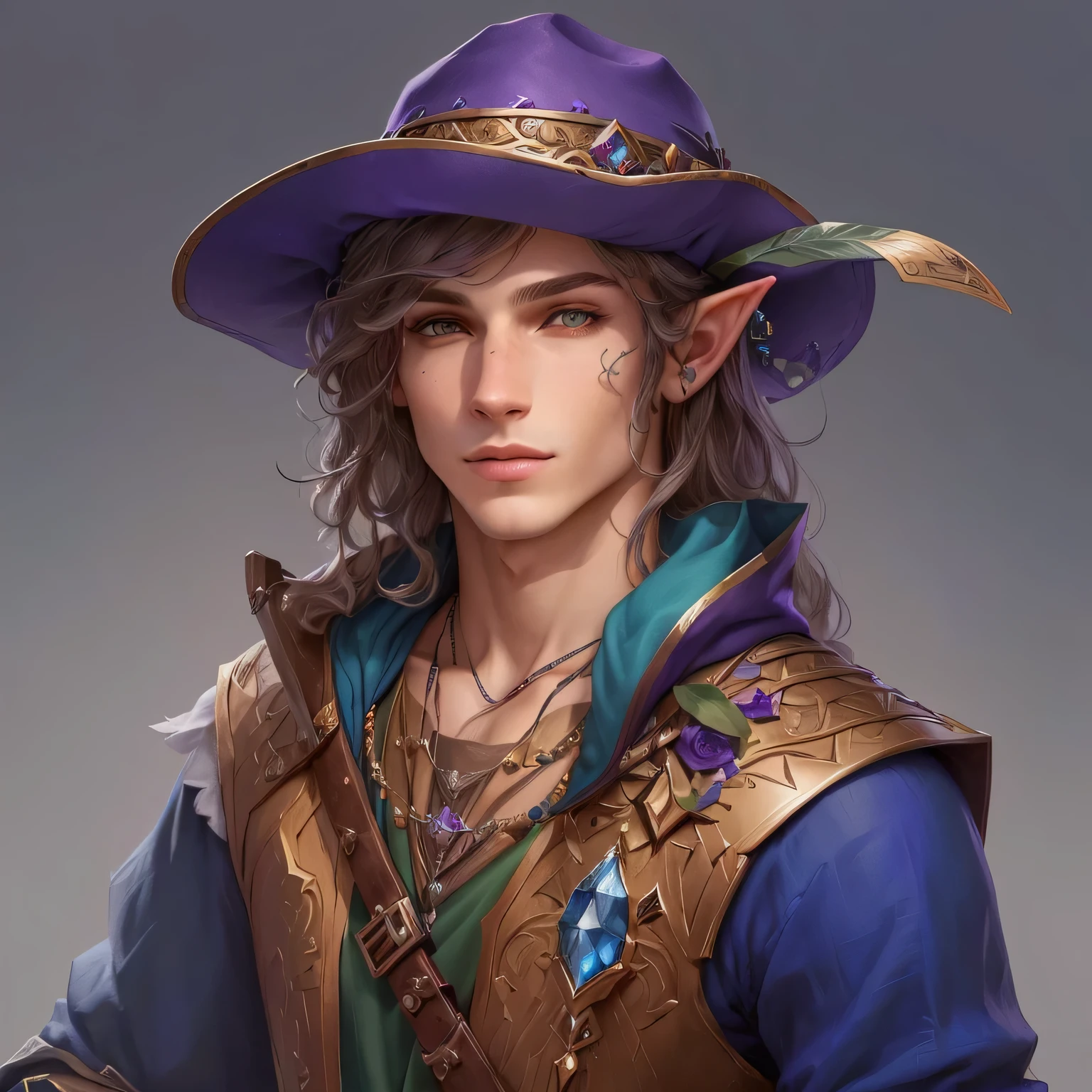 a close up of a person wearing a hat and a purple hat, portrait of a young elf wizard, a portrait of a male elf, beautiful male elf, young half elf wizard, a male elf, male elf ranger, fantasy male portrait, fantasy character portrait, detailed character portrait, a portrait of an elf, rpg portrait concept art, portrait of an elf