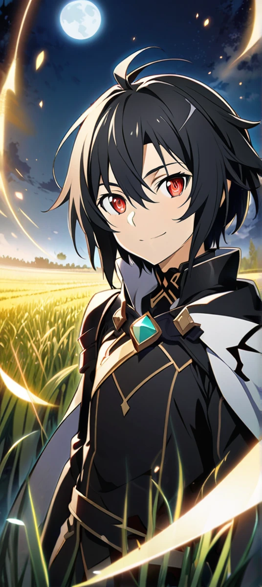 Hyakuya Mikaela \(Sword Art Online\), (short black hair), (bejeweled eyes), (red eyes):1.2, black costume, gentle smile, cape, sword, ((ultra-detailed)), ((illustration)), (neat hair)), (beautiful detailed eyes), male, 1boy, ((field, night, moon)), looking at viewer