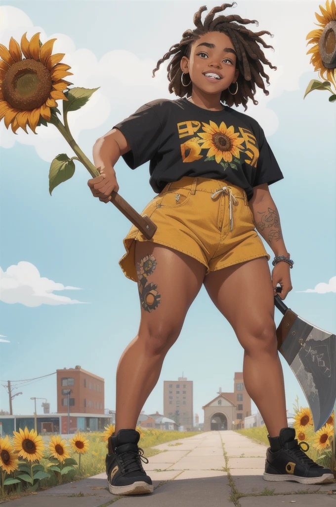 16 year old with street style clothes, Caucasian skin, short dreads in hair and holding an ax, teeth split down the middle and chubby with a sunflower tattoo on her arm