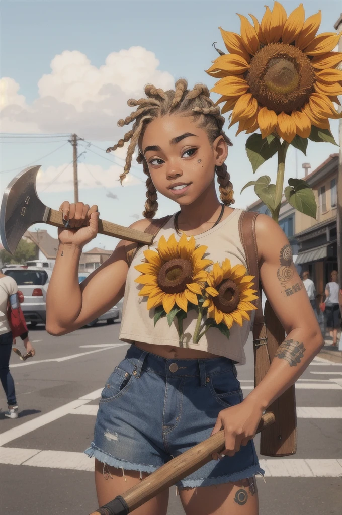 16 year old with street style clothes, Caucasian skin, short dreads in hair and holding an ax, teeth split down the middle and chubby with a sunflower tattoo on her arm
