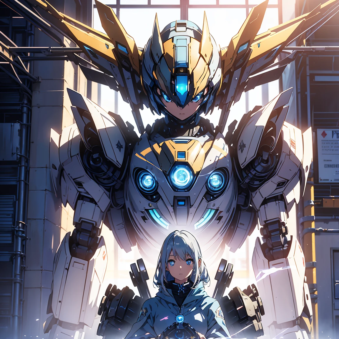 Anime, 2 characters, (1 teenage anime girl, silvery blue hair, bright blue star-shaped eyes); (1 Robot, Cape, Luminous Eyes, Rugged, Fantasy, Lights, outdated, old style, dark blue, bronze), Room with window, sitting