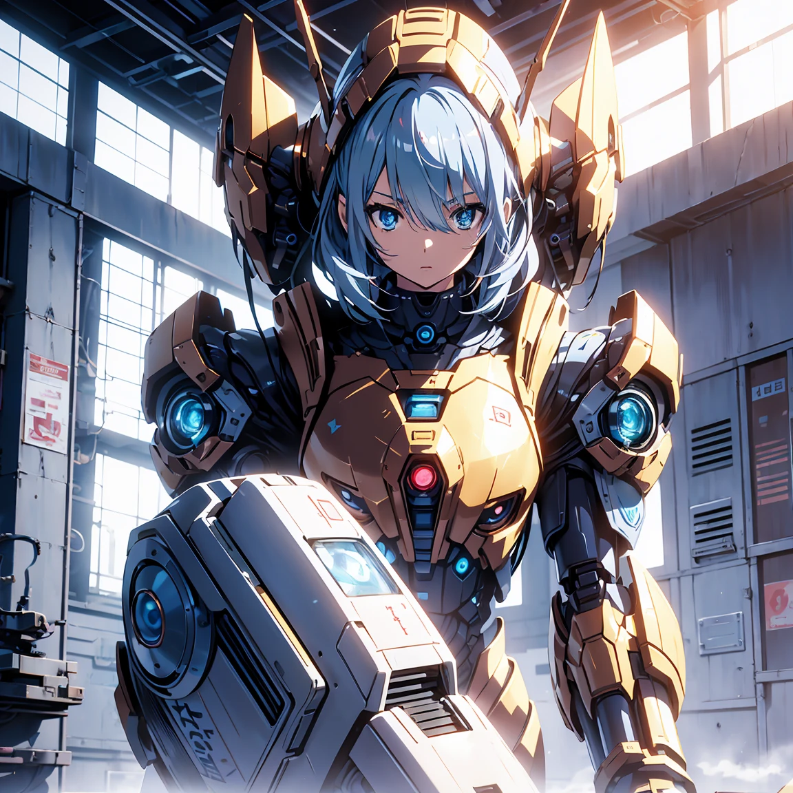 Anime, 2 characters, (1 teenage anime girl, silvery blue hair, bright blue star-shaped eyes); (1 Robot, Cape, Luminous Eyes, Rugged, Fantasy, Lights, outdated, old style, dark blue, bronze), Room with window, sitting