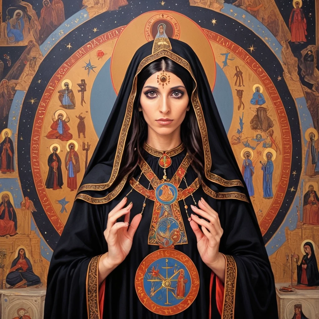 priestess of isis (santa) black mary magdalene, painted orthodox, symbols and elements of astrology, hermeticism, 
