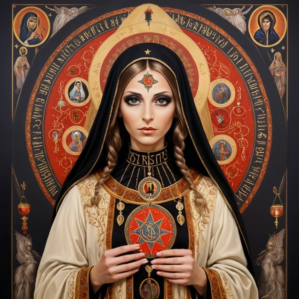 priestess of isis (santa) black mary magdalene, painted orthodox, symbols and elements of astrology, hermeticism,