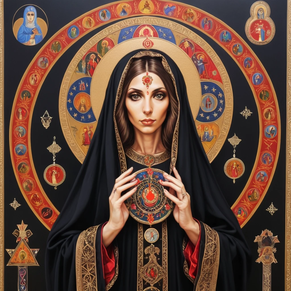 priestess of isis (santa) black mary magdalene, painted orthodox, symbols and elements of astrology, hermeticism, 
