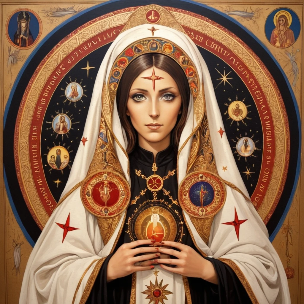 priestess of isis (santa) black mary magdalene, painted orthodox, symbols and elements of astrology, hermeticism, 
