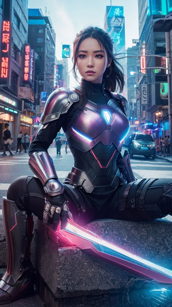 Armor Warriors, A lively city, (Inspired by the Avengers), Armor Suit, sit down, (8K, RAW Photos, Realistic: 1, 25), (Lots of lip gloss, Lots of eyelashes, Better Quality, Ultra-high resolution, Depth of written boundary, chromatic aberration, Broadlight, Colnatural, Vision (1:2)