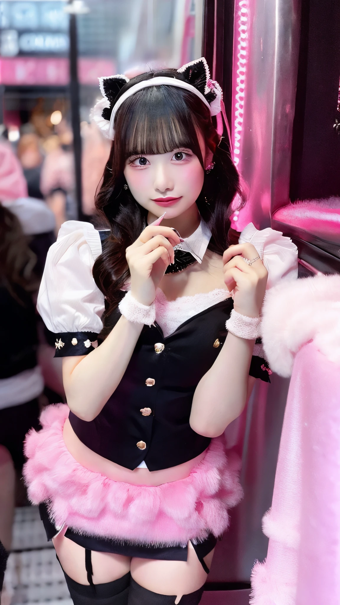 Cute cabaret club girl, 18 years old, wearing a pink miniskirt