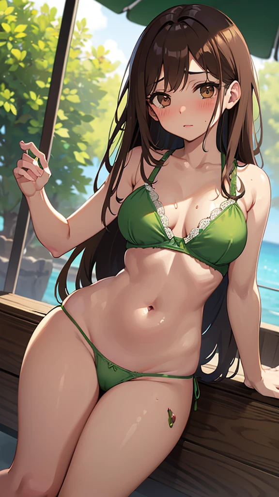perverted girl ((Brown eyes)) ((blushing)) ((swimsuit)) ((wet panties)) (( medium breasts)) ((long brown hair)) ((condom in hand)) ((pistachio green bra and panties))