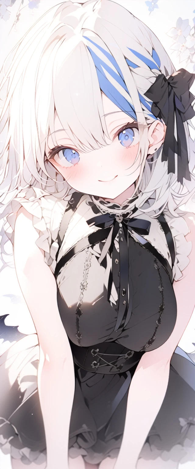 beautiful, masterpiece, Highest quality, anime, One girl, C Cup,Portrait Shot, View your viewers, Covered、Medium Hair、nearby、Blue Eyes、art、、White hair,Blue streaked hair、wallpaper、Cute smile、Thighs、Cute、Beautiful breasts、Full Harness、valley、white_Gothic Lolita Coordination、corset、Courtesy、white_Frilled Skirt、alley、suspenders、rain、Wet、See-through nipples