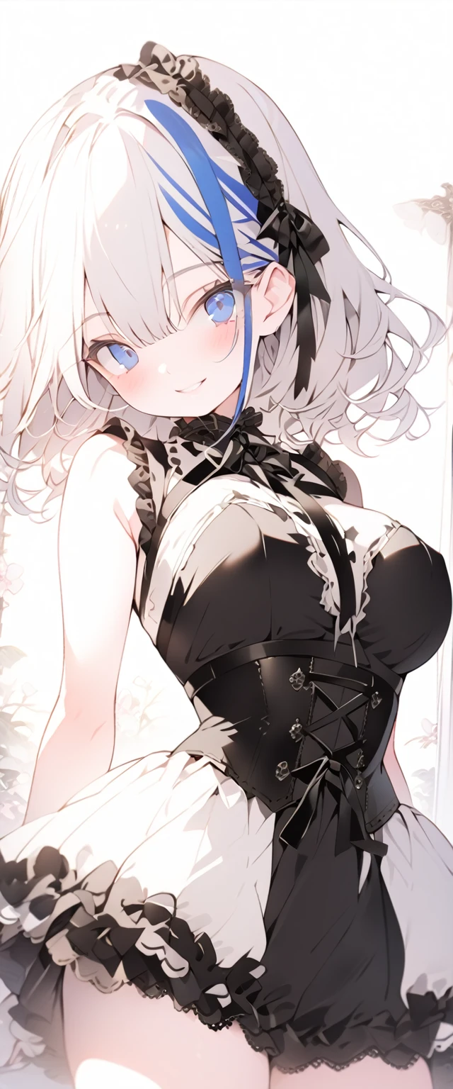 beautiful, masterpiece, Highest quality, anime, One girl, C Cup,Portrait Shot, View your viewers, Covered、Medium Hair、nearby、Blue Eyes、art、、White hair,Blue streaked hair、wallpaper、Cute smile、Thighs、Cute、Beautiful breasts、Full Harness、valley、Gothic Lolita Coordination、corset、Courtesy、Frilled Skirt、room