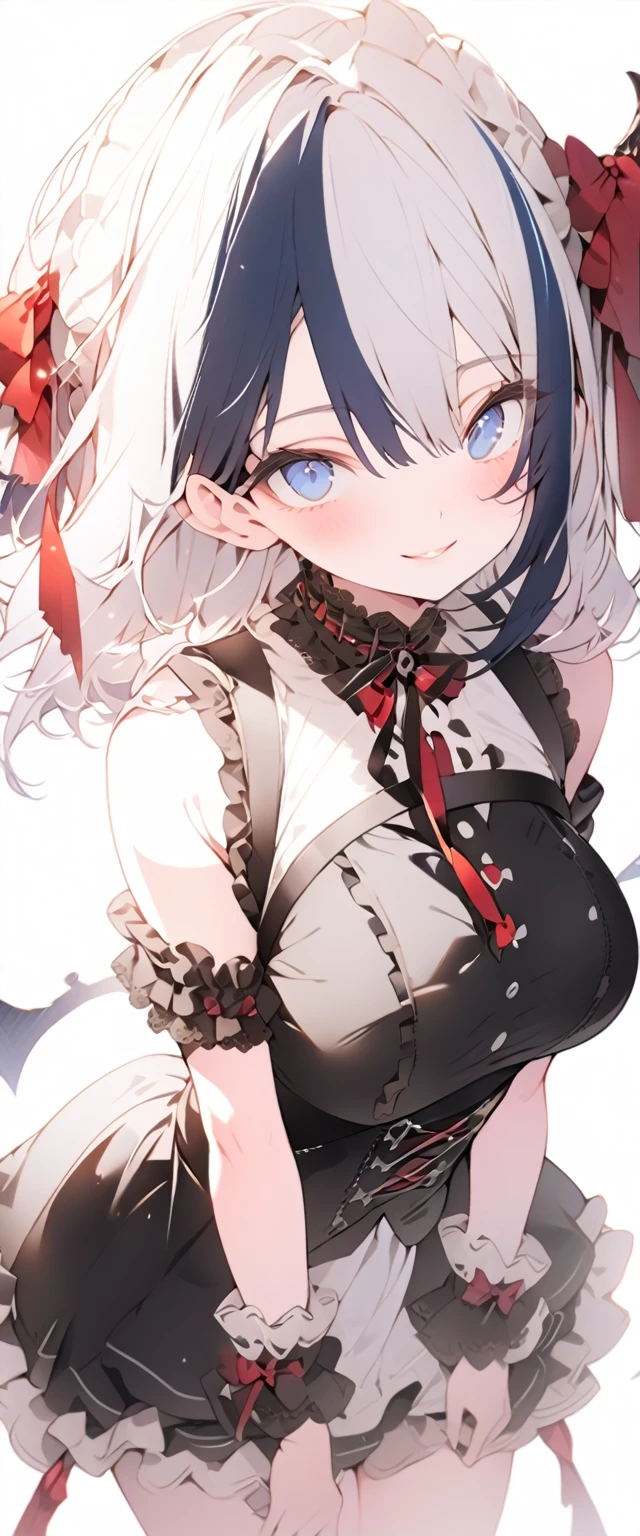 beautiful, masterpiece, Highest quality, anime, One girl, C Cup,Portrait Shot, View your viewers, Covered、Medium Hair、nearby、Blue Eyes、art、、White hair,Blue streaked hair、wallpaper、Cute smile、Thighs、Cute、Beautiful breasts、Full Harness、valley、Gothic Lolita Coordination、corset、Courtesy、Frilled Skirt、room