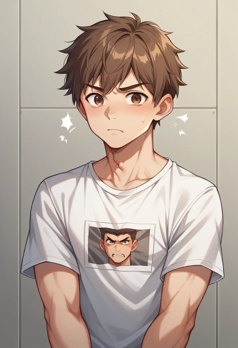 young handsome man、Portraiture、Angry expression、Brown Hair、Brown eyes、T-shirt、Clench your right hand into a fist