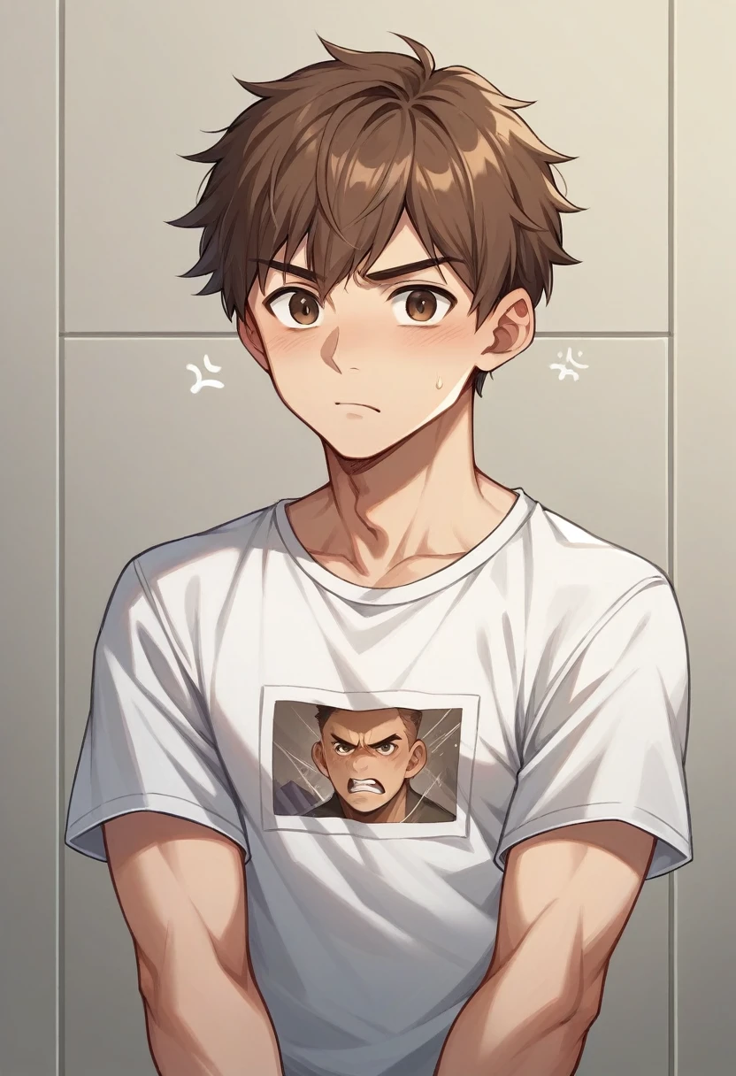 young handsome man、Portraiture、Angry expression、Brown Hair、Brown eyes、T-shirt、Clench your right hand into a fist