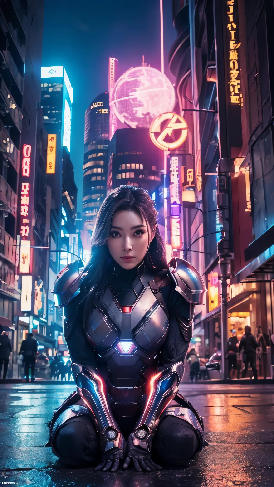 Armor Warriors, A lively city, (Inspired by the Avengers), Armor Suit, sit down, (8K, RAW Photos, Realistic: 1, 25), (Lots of lip gloss, Lots of eyelashes, Better Quality, Ultra-high resolution, Depth of written boundary, chromatic aberration, Broadlight, Colnatural, Vision (1:2)