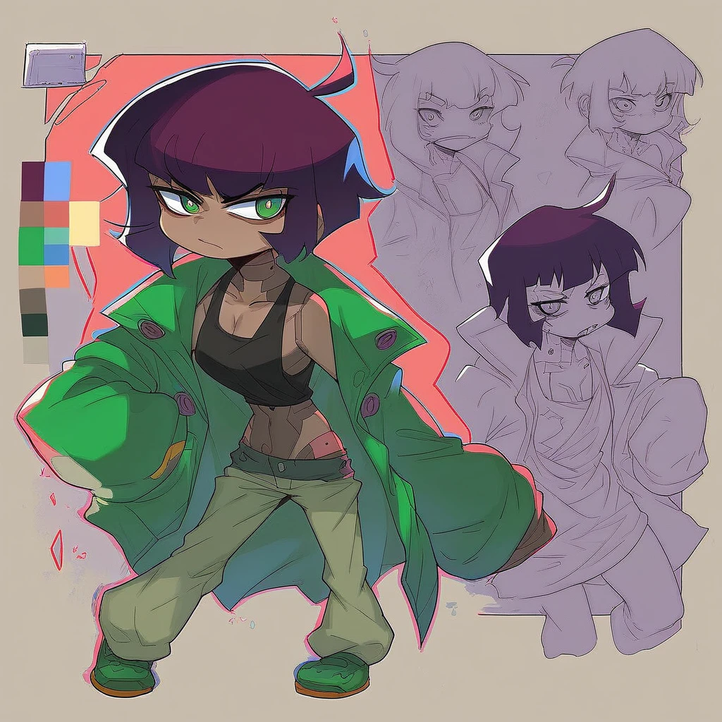 "girl similar to gorillaz noodles, (( drawing )), ((anime girl nose)), drawing of a woman in green clothes, concept art, inspired by Tomer Hanuka, funny art, invader zim, she is wearing a wet coat, . bottom of hell., y 2k cutecore clowncore, cyberpunk, she has olive brown skin, grunge, adoptable full body, warm shading, loose cut