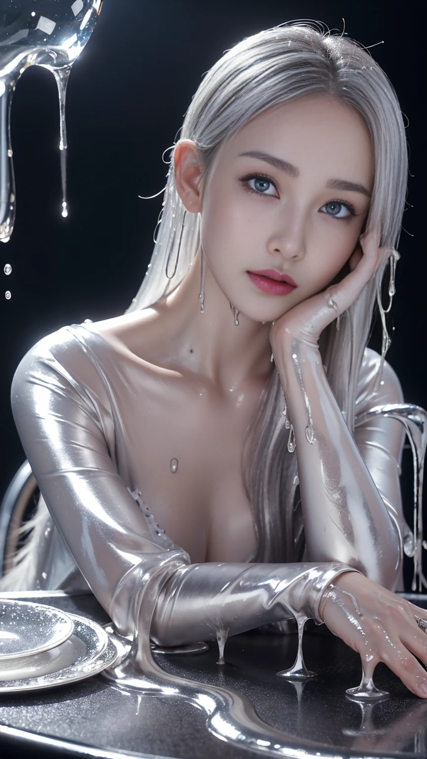 (High resolution,Tabletop:1.2),Super detailed,(Realistic:1.37),Portraiture,Full Body Shot、Slime Girl、Covered in silver slime, (Partially transparent), (Wet), Silver liquid dripping from her body. Her hair is also Covered in silver slime. Silver slime scattered, Golden Hair, blue eyes、Super cute face、Random pose、naked