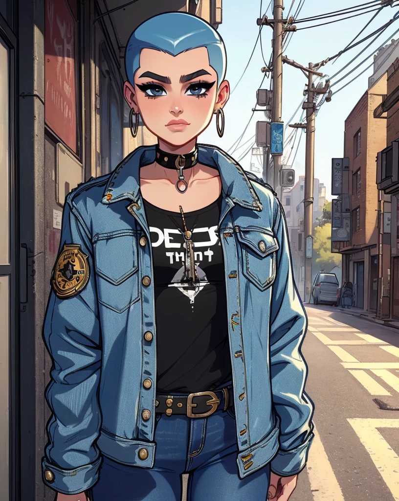 (masterpiece:1.2, best quality), (1lady, solo, upper body:1.2), Hair: buzz cut, Clothing: oversized, distressed denim jacket with patches and pins, paired with black skinny jeans and combat boots, Accessories: silver hoop earrings and a black choker necklace, Hanging out in an underground music venue or street art exhibit