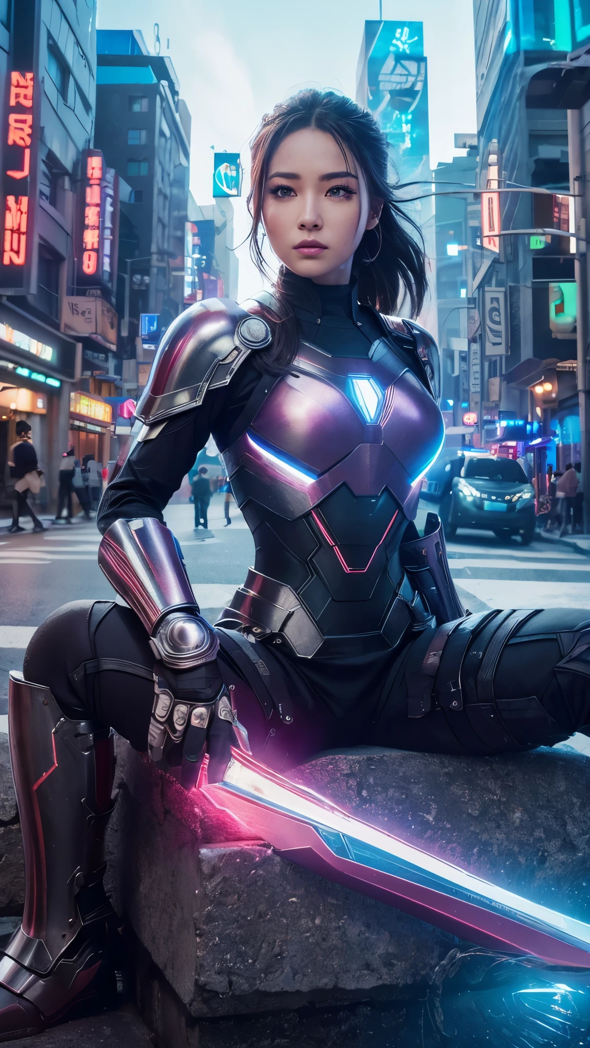 Armor Warriors, A lively city, (Inspired by the Avengers), Armor Suit, sit down, (8K, RAW Photos, Realistic: 1, 25), (Lots of lip gloss, Lots of eyelashes, Better Quality, Ultra-high resolution, Depth of written boundary, chromatic aberration, Broadlight, Colnatural, Vision (1:2)