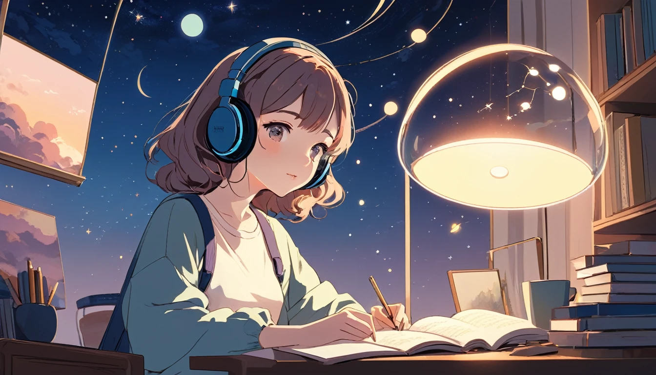 A woman studying with headphones on、, Wide-angle lens, Lofi Anime, Lofi illustration, Aesthetic atmosphere, Lo-Fi Style, Vector art, Flat Design, Simple shape, Warm tones, Pleasant atmosphere, Chill, In anime style, Digital drawing, Vector art, Vector logo for t-shirt printing, (Adorable:1.5), (small:1.4), (Playful:1.2), (soft:1.3), (Whimsical:1.1), masterpiece, Highest quality, 8K, Intricate details, grow, Celestial, Mysterious, Picturesque, amazing, Majestic, Magic, Fantasy art, Cover art, dream-like