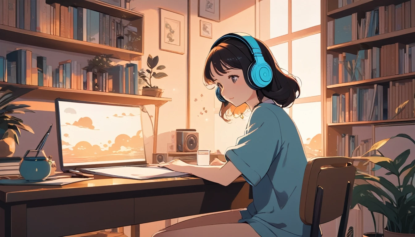 A woman studying with headphones on、, Wide-angle lens, Lofi Anime, Lofi illustration, Aesthetic atmosphere, Lo-Fi Style, Vector art, Flat Design, Simple shape, Warm tones, Pleasant atmosphere, Chill, In anime style, Digital drawing, Vector art, Vector logo for t-shirt printing, (Adorable:1.5), (small:1.4), (Playful:1.2), (soft:1.3), (Whimsical:1.1), masterpiece, Highest quality, 8K, Intricate details, grow, Celestial, Mysterious, Picturesque, amazing, Majestic, Magic, Fantasy art, Cover art, dream-like
