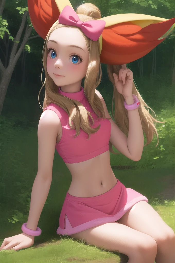 pkmnserena, 1girl, solo, blue eyes, blonde hair, long hair, ponytail, sidelocks, bangs, pink hairband, bow hairband, hair bow, pink bow, pink shirt, real life image, crop top, sleeveless, turtleneck, pink skirt, miniskirt, midriff, bracelet, smile,closed mouth,cowboy shot,sitting,forest,outdoor, (insanely detailed, beautiful detailed face, masterpiece, best quality) cinematic lighting, realistic photograph, realistic background, cute, real life photo,