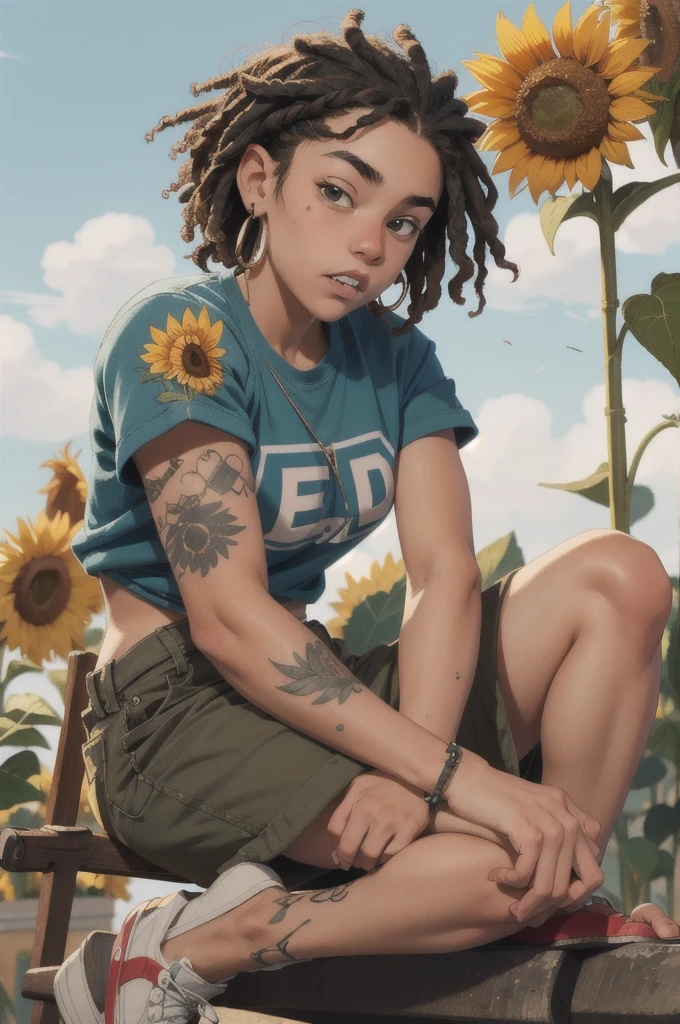   with street style clothes, Caucasian skin, short dreads in hair and holding an ax, teeth split down the middle and a little chubby with just a sunflower tattoo on her left arm, sitting in an FBI office