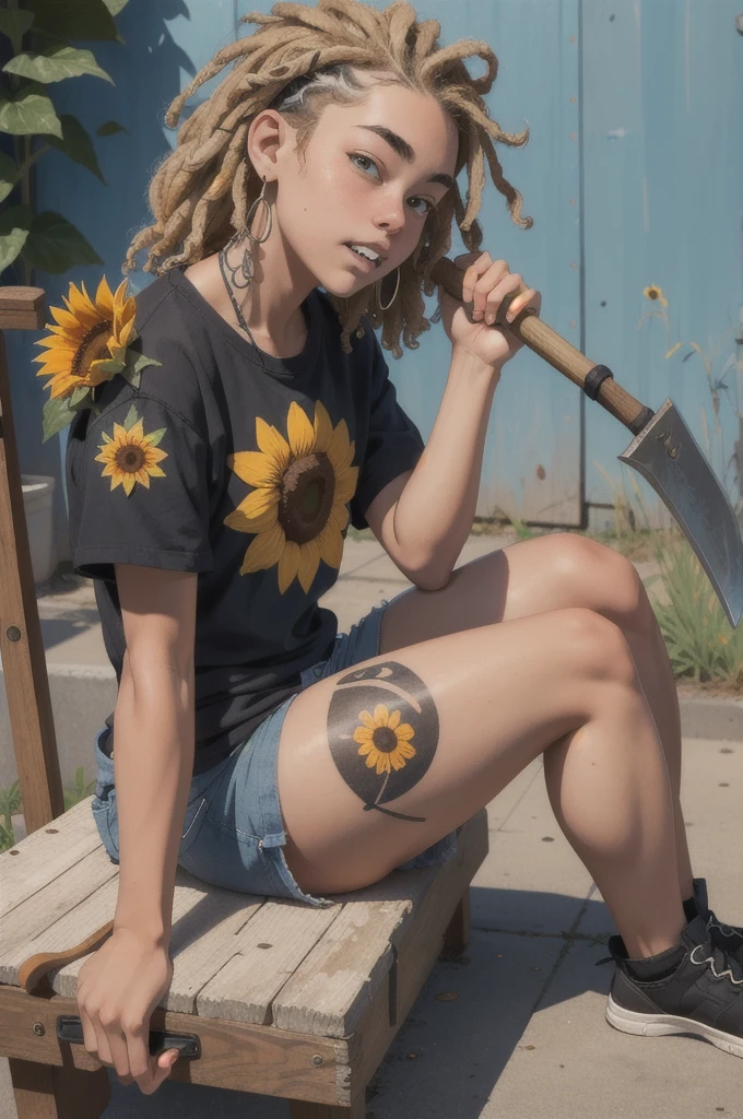 16 year old with street style clothes, Caucasian skin, short dreads in hair and holding an ax, teeth split down the middle and a little chubby with just a sunflower tattoo on her left arm, sitting in an FBI office