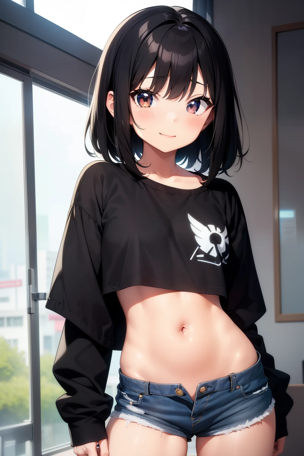 masterpiece, hyper detailed, short hair, black hair, yellow eyes, semi fit body, slight abs, dark skin, tan skin, small breast, elf,(oversized t-shirt crop top), short shorts, (semi muscular), bedroom background, blush