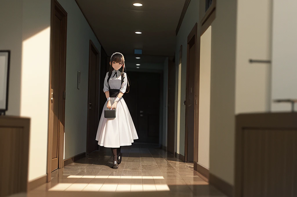 Maid walking down the hallway, carrying a tray to her mistress, era Lord of the Rings.