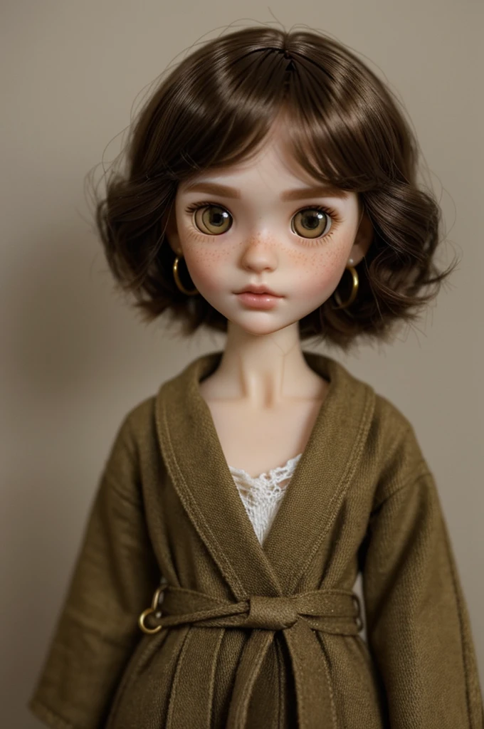 Give me a Blythe doll with pale skin, brown greenish eyes, almost unnoticed freckles, short hair that is black from the roots to brown to the ends and with small earrings
