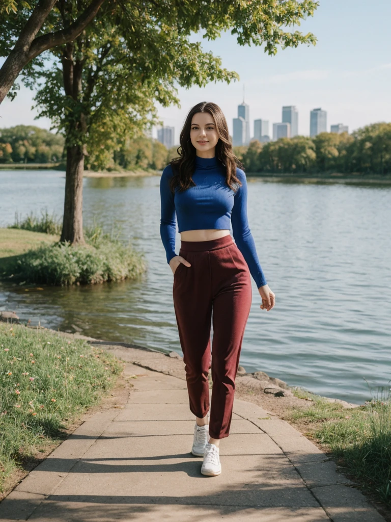 her name is Elle, high quality, 1girl, ((20-year-old fit Caucasian woman)), ((20 years old)), ((fit)), ((pale skin)), Beachy Waves dark hair , wearing Cobalt Blue Mock Neck Crop Top + High-Waisted Burgundy Velvet Pants, pose: standing, background: Highlight the scenic beauty of Minneapolis' Chain of Lakes, with their interconnected parkways, biking trails, and the skyline visible from the serene waters.