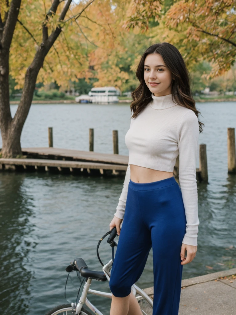a smiling nerd girl with glasses, beautiful, wearing transparent white leggings that reveal her vagina, on the deck of a boat