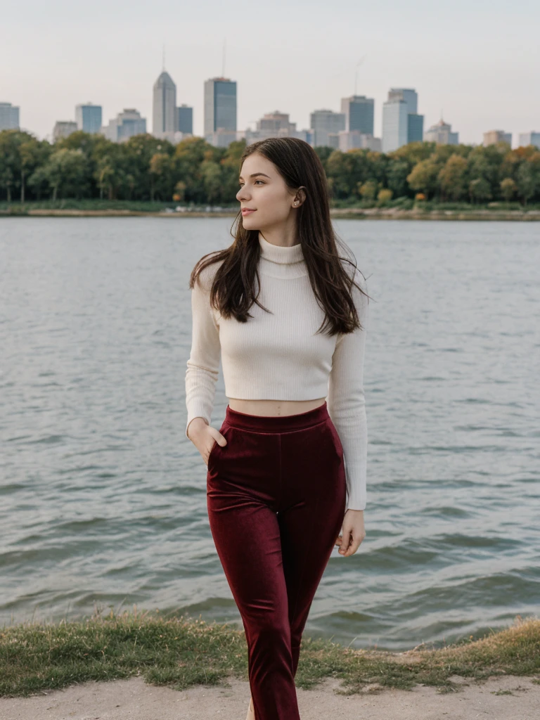 her name is Elle, high quality, 1girl, ((20-year-old fit Caucasian woman)), ((20 years old)), ((fit)),((hourglass bodys shape)),((medium_round_breasts)), ((pale skin)), Beachy Waves auburn hair , wearing Cobalt Blue Mock Neck Crop Top + High-Waisted Burgundy Velvet Pants, pose: standing, background: Highlight the scenic beauty of Minneapolis' Chain of Lakes, with their interconnected parkways, biking trails, and the skyline visible from the serene waters.