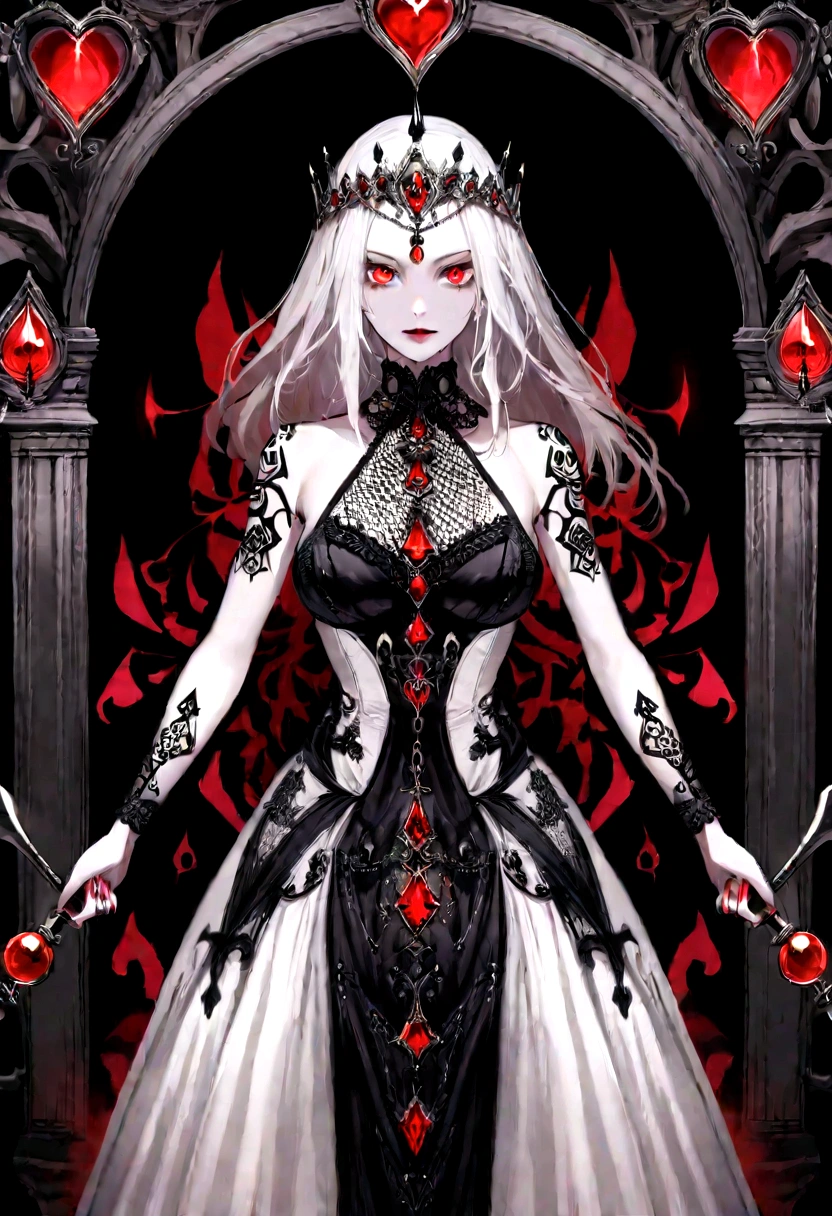 Queen of spades pattern design,poker,Draw an image of an aristocratic woman, Alabaster skin and red eyes exude a brutal aura., She wears a sinister tiara studded with dark jewels.,Wearing a y dress, She holds a scepter decorated with evil symbols, Malicious Aura