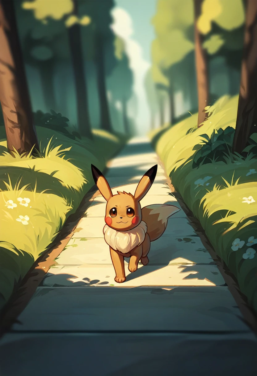 Pokémon,Pikachu and Eevee walking on the road