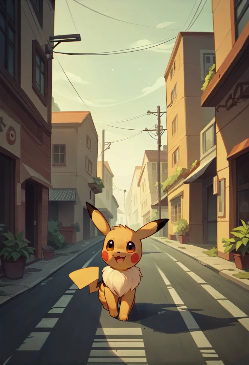 Pokémon,Pikachu and Eevee walking on the road