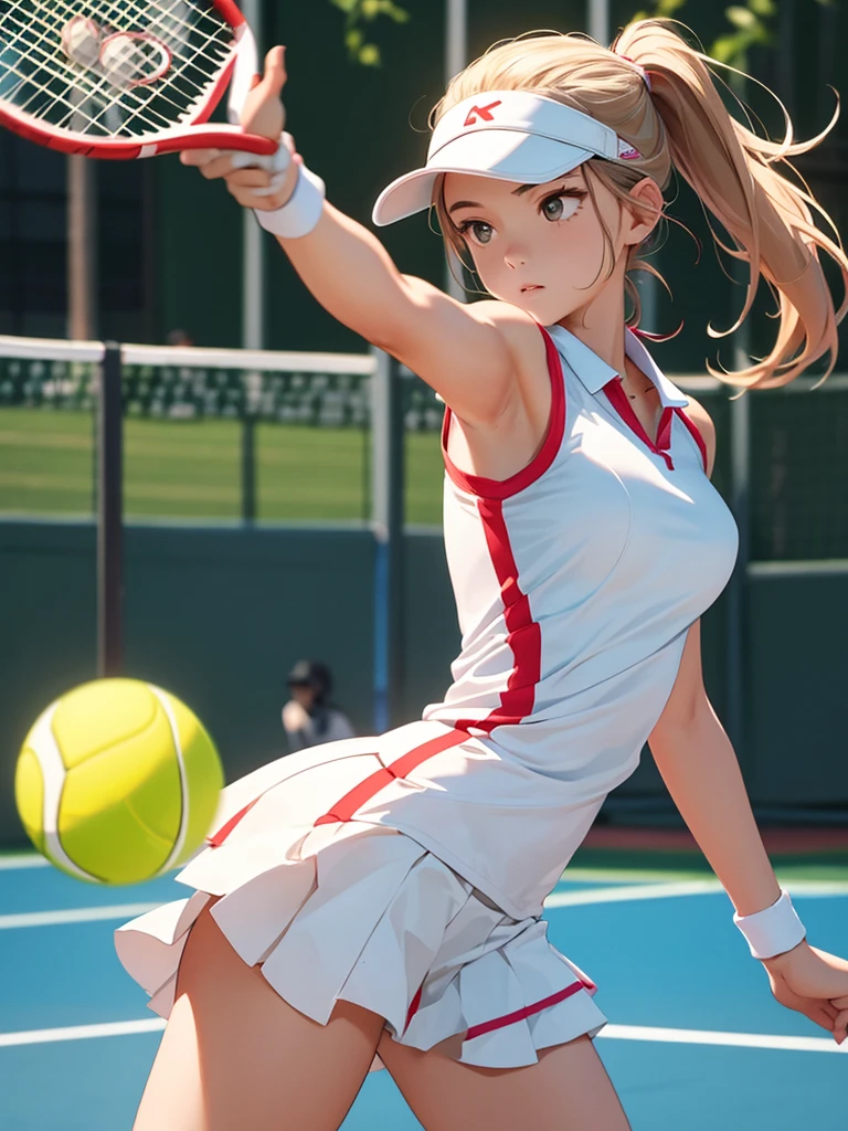 masterpiece, high-quality, a young woman, playing tennis, wearing tennis wear, throwing the ball up to serve, perfect face, perfect hands
