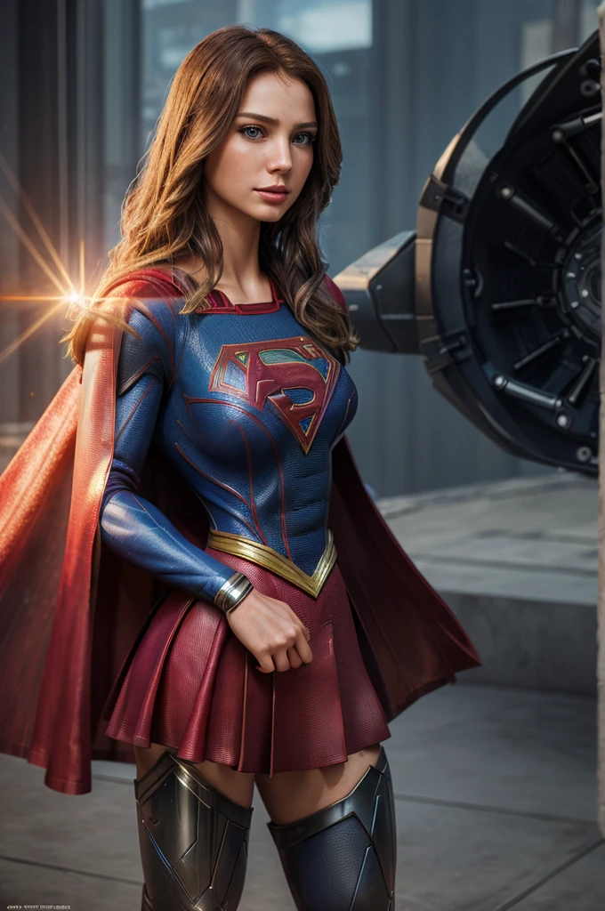 ((Best Quality)), ((Masterpiece)), (detailed: 1.4), ..3D, ((a beautiful supergirl woman in realistic costume of an advanced cybersuit with red cape)) ,HDR using Superman's letter S on the chest (High dynamic range),ray tracing,NVIDIA RTX,super resolution,Unreal 5,Subsoil Dispersion, PBR texture, Post processing, Anisotropic filtering, depth of field, Maximum clarity and sharpness, Multilayer textures, Albedo and Specular maps, surface shading, Accurate simulation of the interaction between light and material., perfect proportions, octan render, two tone lighting,wide opening,Low ISO,white balance,rule of thirds,8K GROSS,AI circuit board,Huge breasts,showing breasts